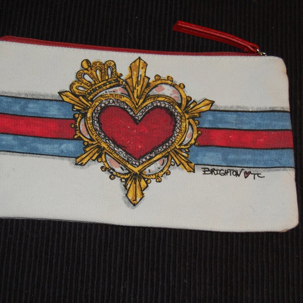 Brighton  White/Red/Blue Red Heart Cosmetic/Makeup Small Zipper Bag 9" x 5 1/2"
